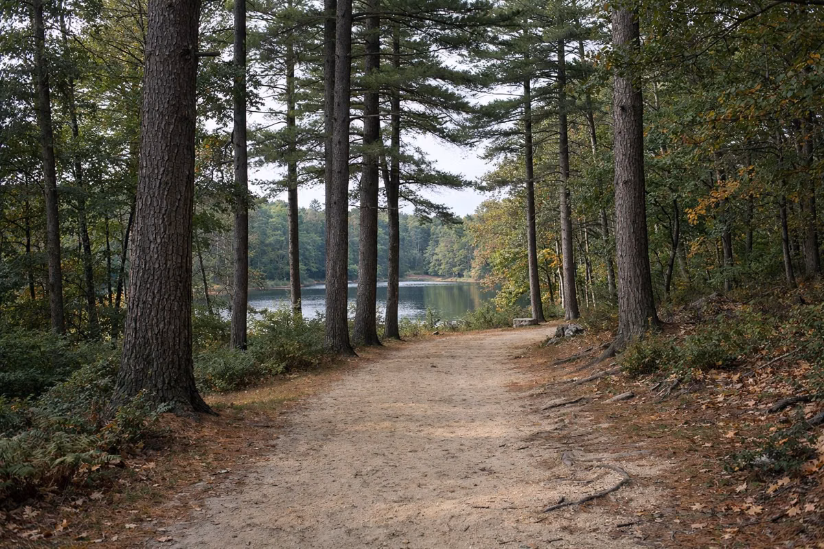 A wide sandy dirt trail through tall white pines with a pond glimpsed between the trunks